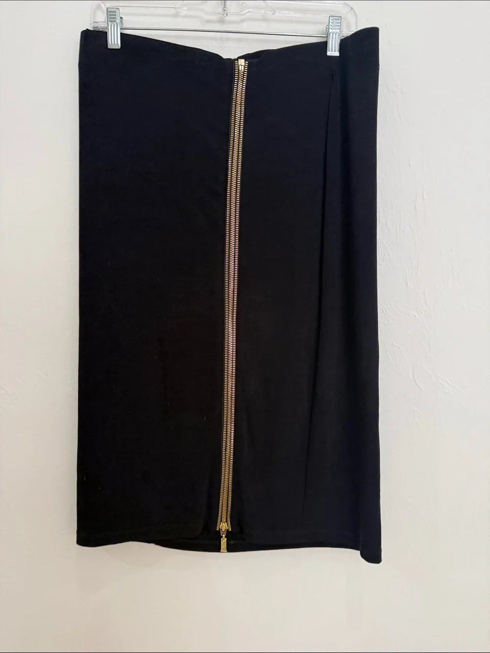Black Midi Pencil Skirt with Gold Center Zip